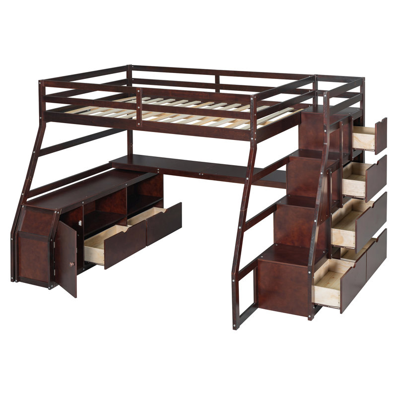 Lit mezzanine avec bureau, 7 tiroirs et 2 tablettes, Double, Espresso