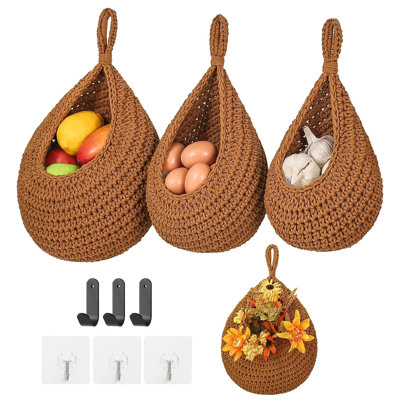 3 Pack Boho Wall-Hanging Fruit Baskets for Kitchen, Woven Produce Holders with 6 Strong Hooks
