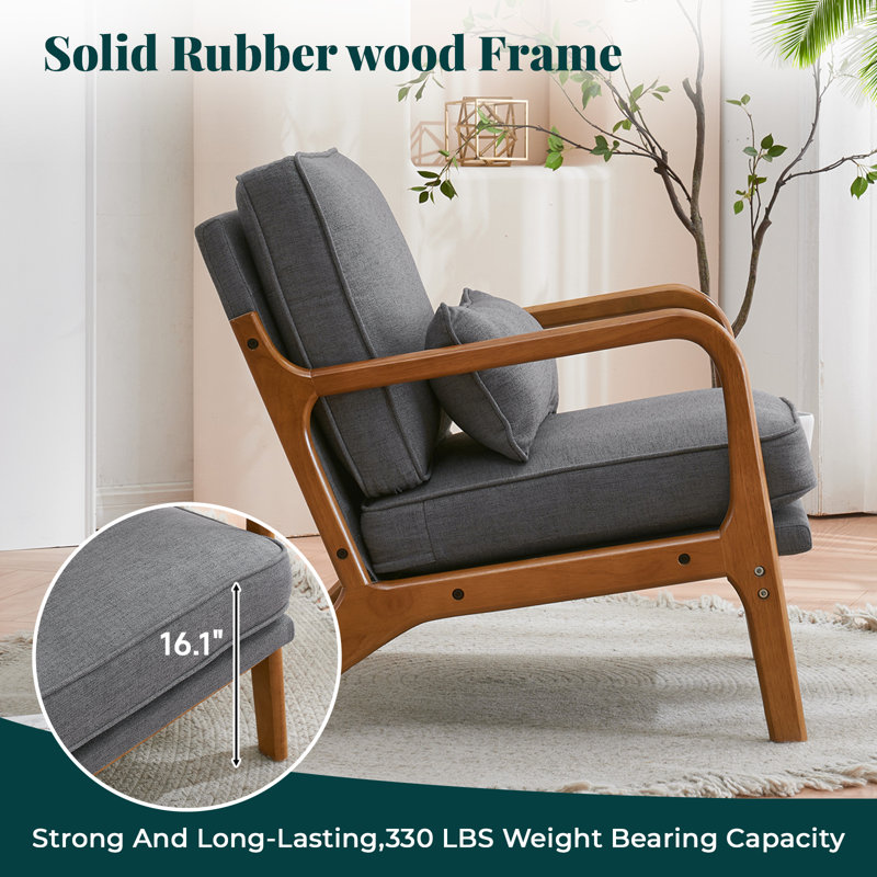 Lemley Mid Century Solid Wood Accent Chair Upholstered Armchair With An Extra Pillow （Set Of 2), Gray Linen Blend