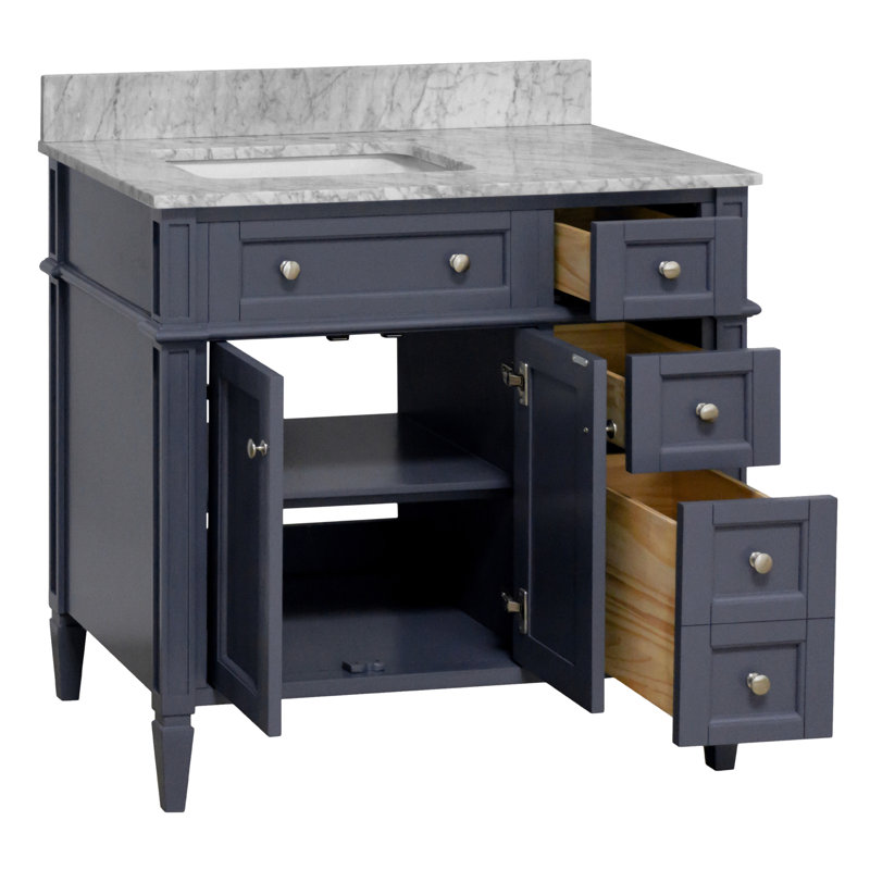 Ensemble de meuble-lavabo simple 36 po Lakeland avec comptoir gris marine et comptoir en marbre de Carrare, Gris marine
