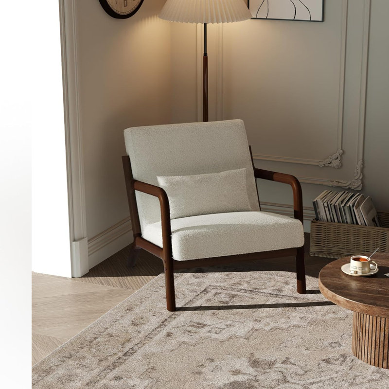 Chaise d'appoint Sherpa avec coussin lombaire, fauteuil de lecture Mid-Century moderne en bois massif, Sherpa beige