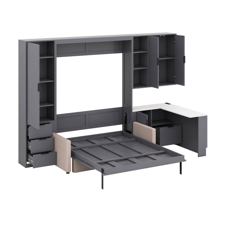 Grand lit escamotable avec élévateur hydraulique, lit mural pliable avec canapé, tablettes de rangement, charge USB et éclairage DEL