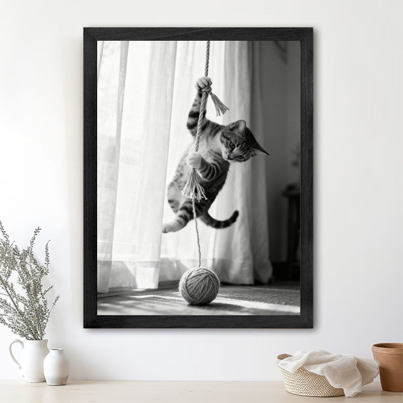 Reproduction d'art encadrée noire rétro sur fond gris par chats, H 11 po x l 9 po