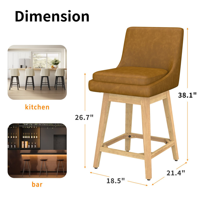 Revêtement pivotant en bois massif Malakeh, Tabouret de comptoir (siège d'une hauteur de 26,7, Brun