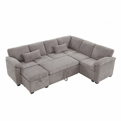 97” L-Shaped Chenille Sectional Sofa with Sleeper & Storage Ottoman – 7 Seats + 2 Pillows by Latitude Run
