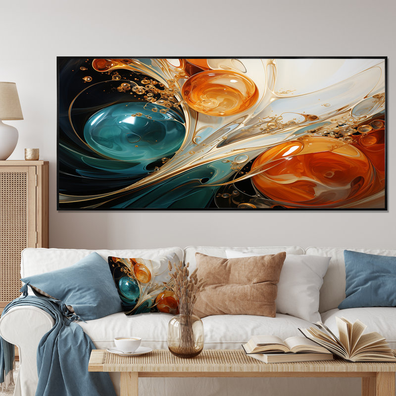 Tempête blanche blanche, bleue et orange - Peinture abstraite, art mural, Cadre flottant noir, H 28 po x l 60 po x P 1,5 po