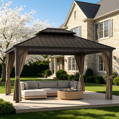 Pavillon de jardin extérieur en aluminium à double toit 12 x 14 pi avec rideaux et moustiquaire, pavillon de jardin à toit rigide résistant aux intempéries pour patio, jardin et cour arrière
