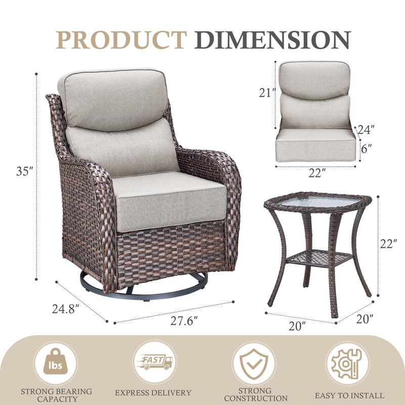 Ensemble de conversation d'extérieur 3 pièces avec chaises berçantes pivotantes en osier et table d'appoint Deb, Beige, Brun