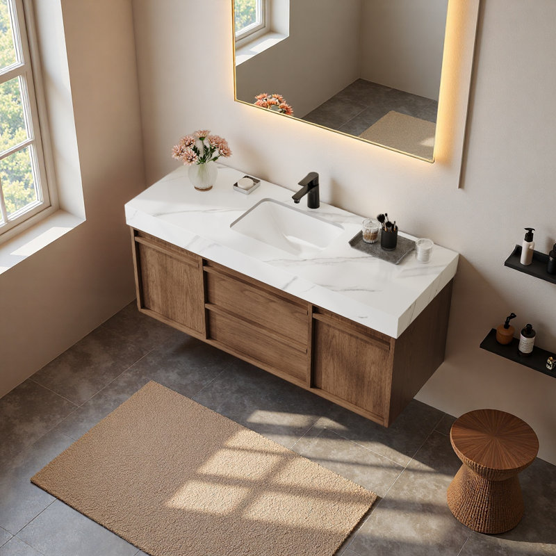 Meuble-lavabo mural 47 po avec lavabo intégré, armoire à grain de bois moderne et comptoir à aspect marbre, rangement à fermeture en douceur