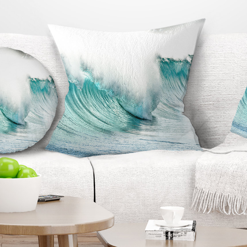 Massive Blue Waves Breaking Beach - Sea & Shore Printed Pillow Design Art 