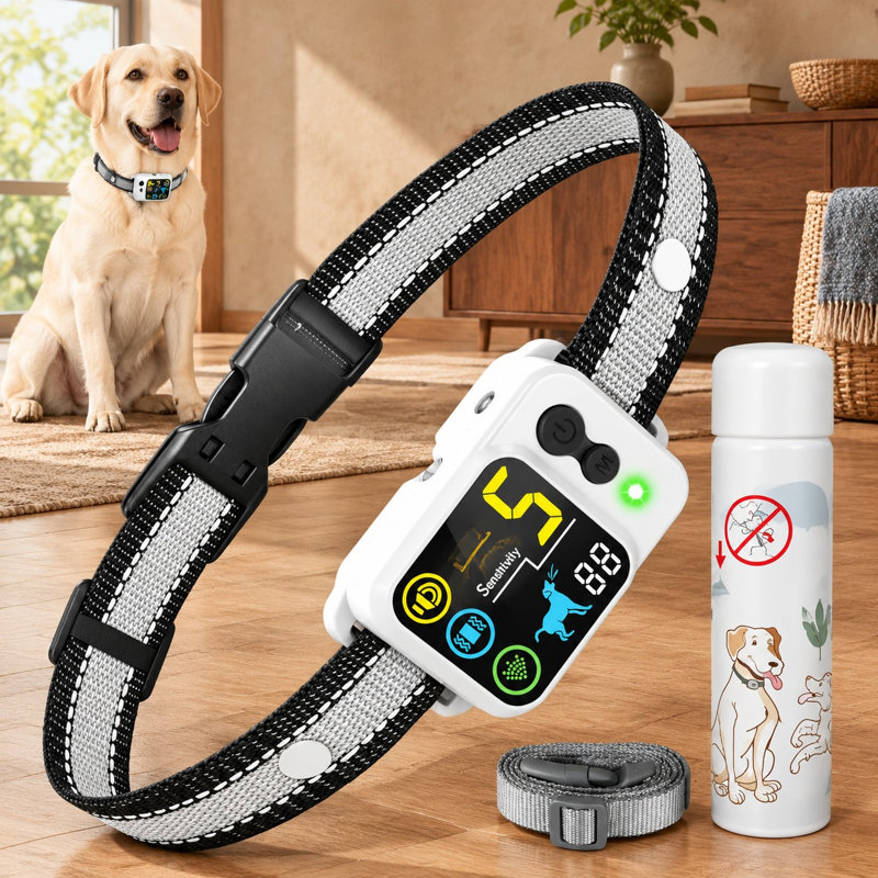 This grey IP66 waterproof citronella bark-control collar offers 5 modes with adjustable levels using beep, vibration, and spray for dogs of all sizes; it comes with 2 straps and 1 spray refill.