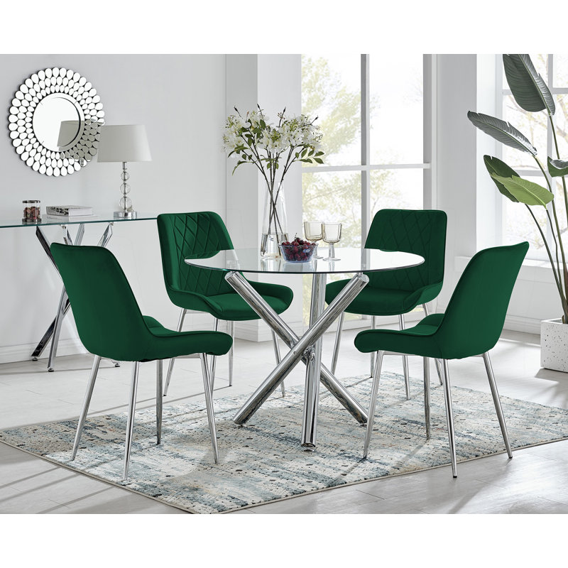 Seline Modern Round Dining Table Set in Glass and Chrome with 4 Luxury Velvet Leather Chairs, Green/Silver