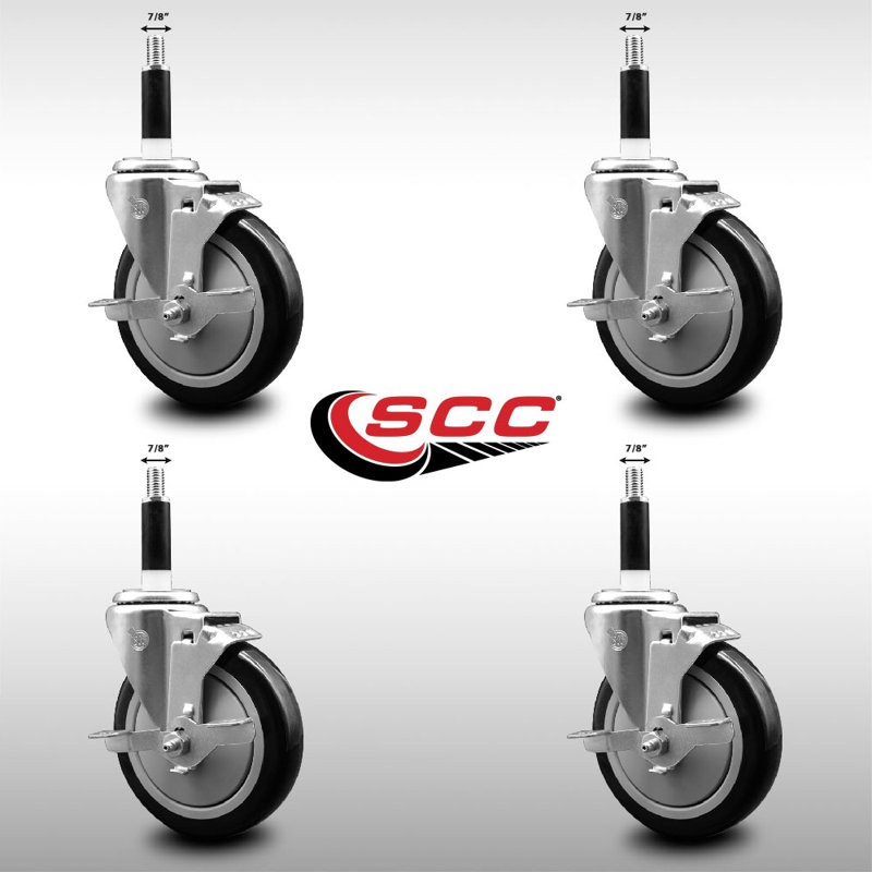 5 Inch SS Poly Swivel 7/8 Inch Expanding Stem Caster Set with Brake SCC, Black