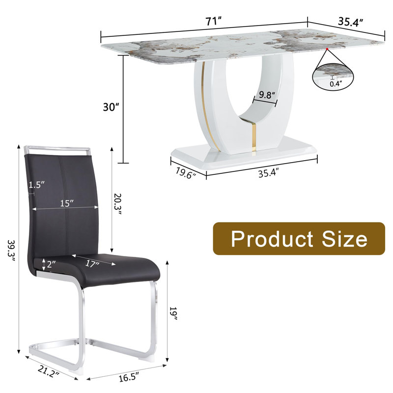 Ensemble de table de salle à manger 71 ", ensemble de table de salle à manger moderne avec base en U doré et chaises en similicuir