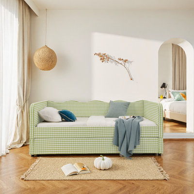 Green Gingham 3-in-1 Full-Size Daybed with Pull-Out Trundle & Side Storage – Versatile Sofa Bed for Small Spaces, Guest Rooms, or Kids' Rooms