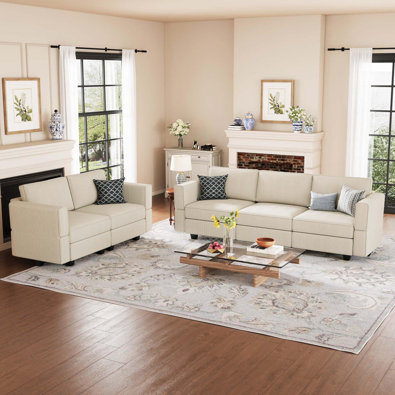 Canapé modulaire en velours Teangela, Velours côtelé beige