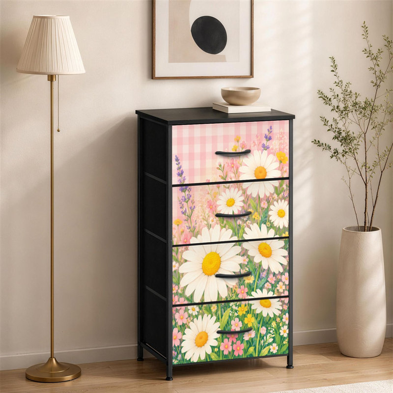 Petite commode à 4 tiroirs pour chambre à coucher avec commode à fleurs vichy rose et rose
