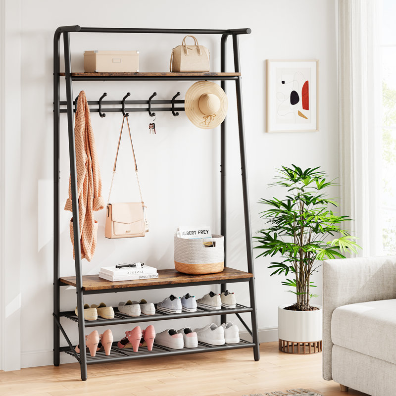 Coat Rack with Bench and Shoe Storage in Wood -  Hall Tree Entryway Bench with 6 Hooks. Shoe Rack and Top Shelf for Entry Area or Hallway