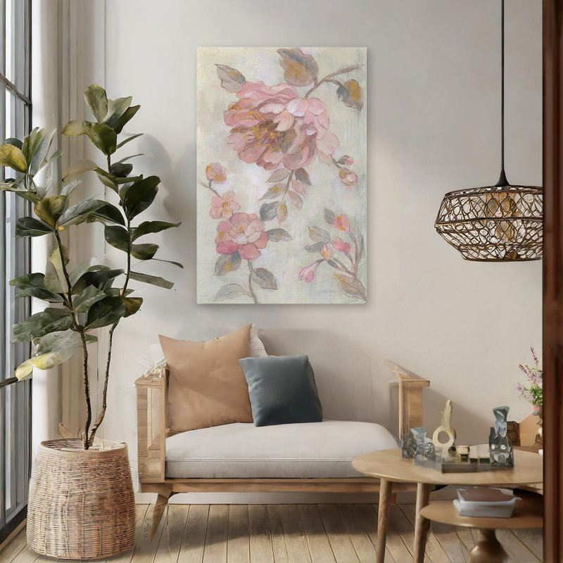 Fleurs de printemps romantiques II - fleur de chinoiserie asiatique crème, H 48 po x l 32 po
