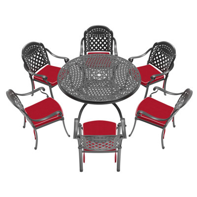 Élégant ensemble de salle à manger de patio en aluminium 7 pièces avec coussins rouges - Mobilier d'extérieur résistant aux intempéries, empilable et confortable