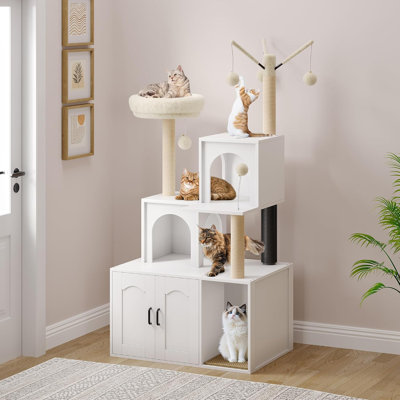 2-in-1 Cat Tree with Hidden Litter Box Enclosure - Wooden Cat Tower Condo Cabinet with Scratching Posts, Storage, Cave, Soft Perch & Washable Cushion - White