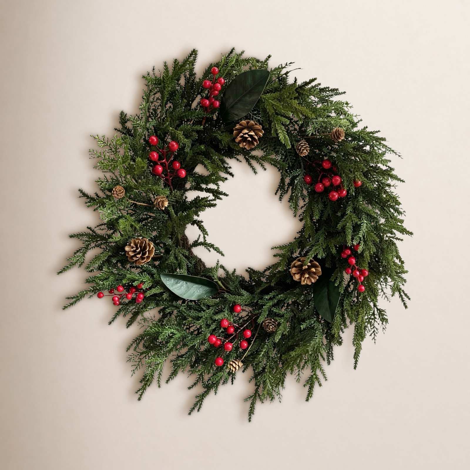 24" Real Touch Artificial Farmhouse Evergreen Pine Red Berries Cedar Winter Christmas Wreath for Front Door Holiday Decor
