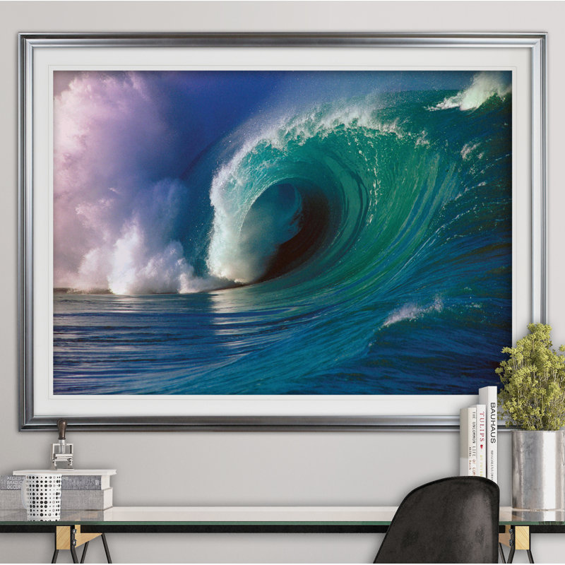 « waimea bay wave », reproduction de peinture à l’acrylique, Cadre argenté, H 20 po x l 24 po x P 1,5 po