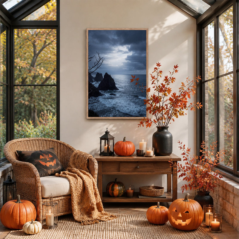 Toile murale d'Halloween représentant des rochers bleus et des vagues océaniques, 48"H x 32"W
