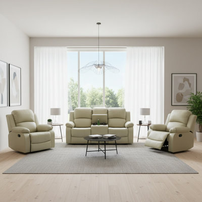 Ensemble de canapé inclinable beige 3 pièces Ensemble de meubles de salon inclinables manuels Ensemble de canapé inclinable en cuir reconstitué avec porte-gobelet / console de rangement pour la maison / le bureau