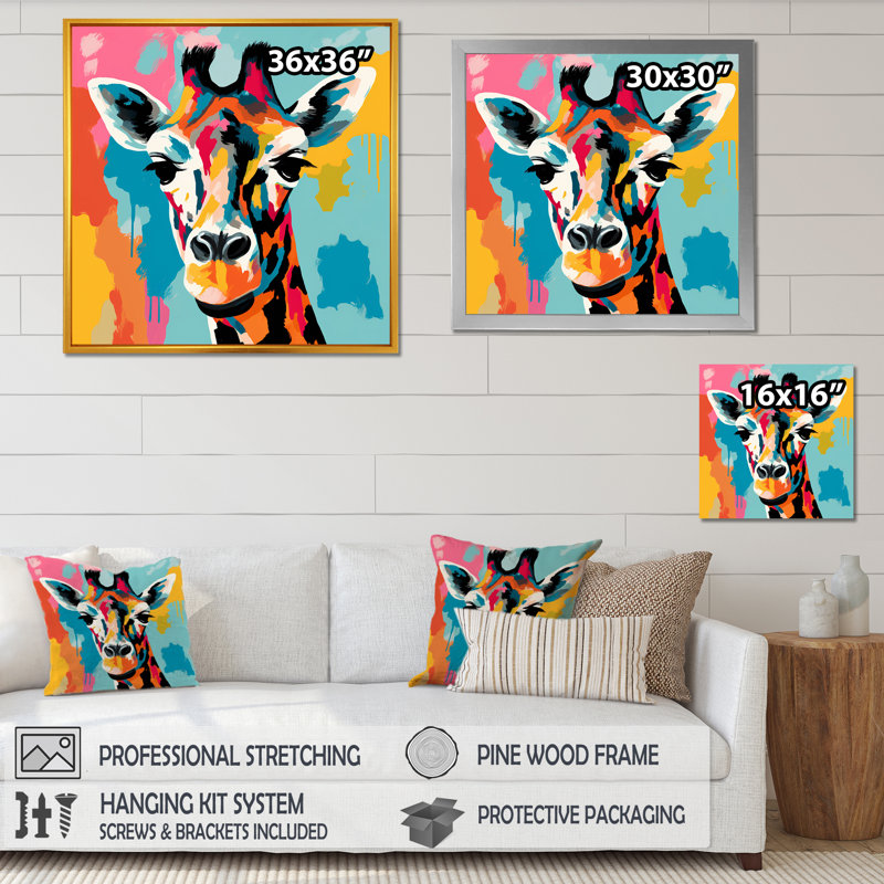 Portrait de girafe coloré, art mural III, Cadre flottant doré, H 16 po x l 16 po x P 1 po