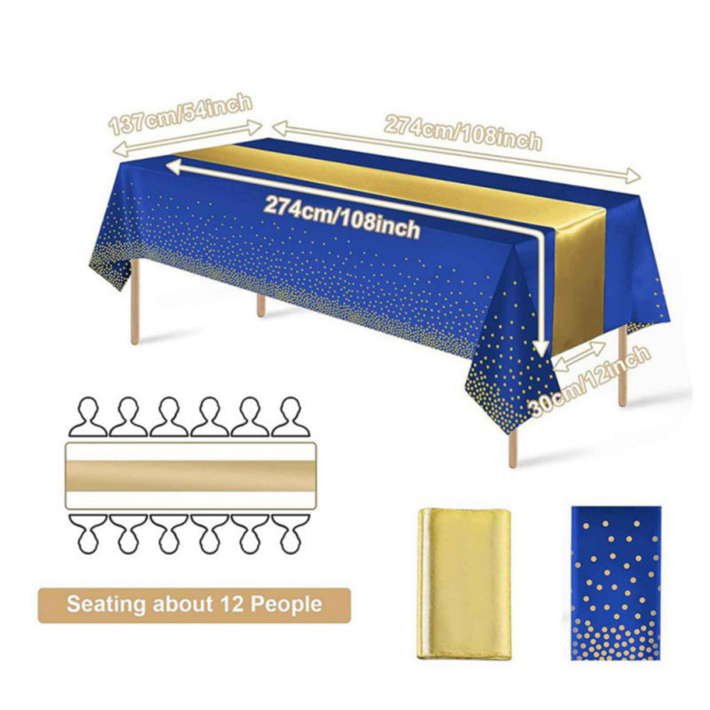 Nappes jetables en plastique et chemin de table en satin à motif de nappe en satin, Bleu marine/doré