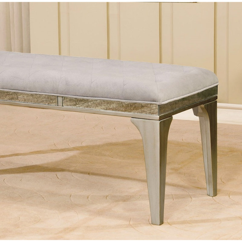 Transitionnel, banc de 1 pièce, coussin en flanelle, dossier de chaise à boutons, argent et gris, salle à manger, finition gris bois massif,