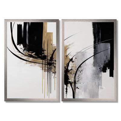 «Black, White and Gold Expression», art abstrait sur toile, art mural abstrait noir 2 pièces