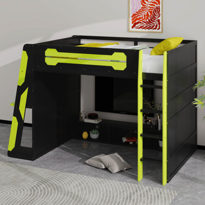 Lit mezzanine double en bois pleine grandeur avec bureau, tablettes multiples et lumière RVB, cadre de lit mezzanine pour enfants