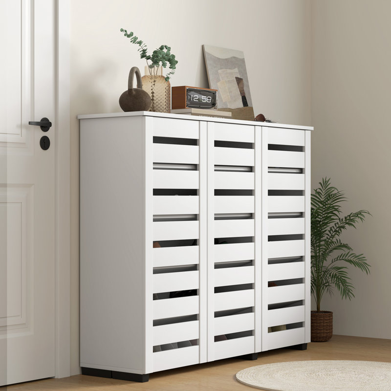 Armoire à chaussures étroite pour entrée avec 3 portes à lattes, Blanc