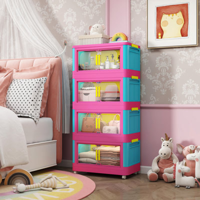 Happy Color, armoire de rangement pliante latérale de 20 po de large, 4 niveaux, 19,69 po x 11,81 po x 40,55 po, bacs de rangement pliables avec porte magnétique, armoire de rangement en plastique avec roues, buffet