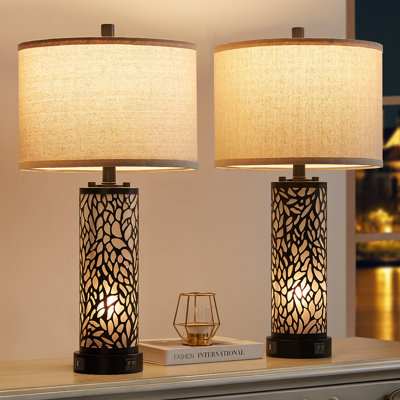 Hendrike 25" Carved Metal+Glass Table Lamp Set With Night Light And USB Ports