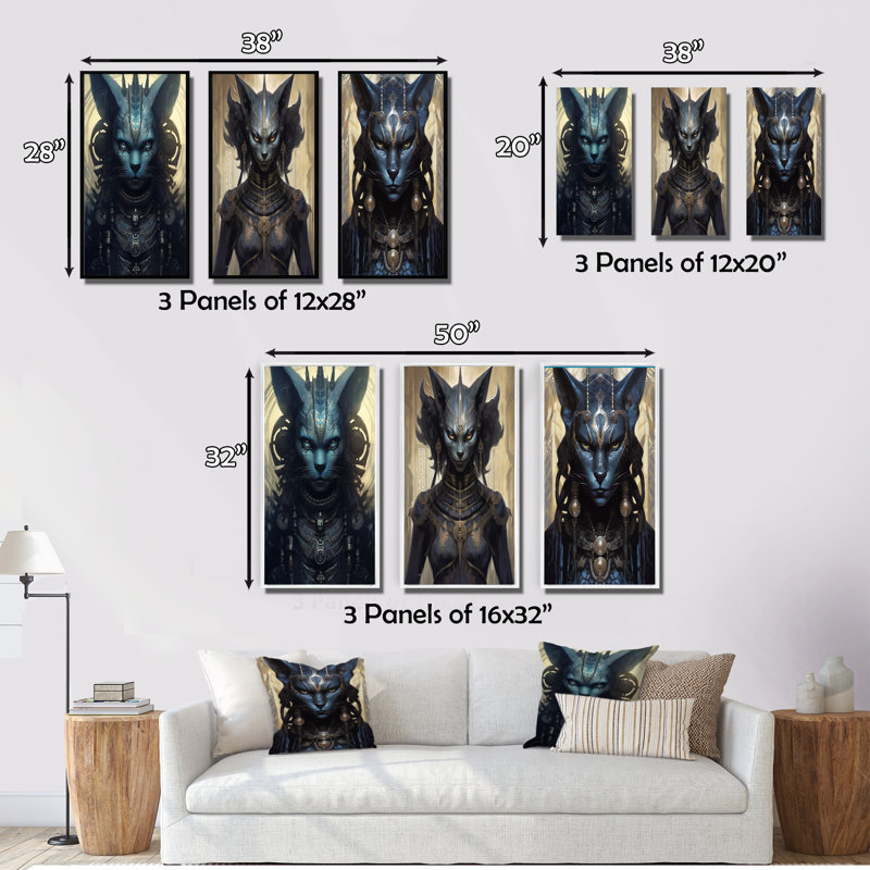 Chat égyptien antique déesse bastet IV - mode femme, ensemble d'art de 3 pièces, Cadre flottant noir, H 20 po x l 36 po