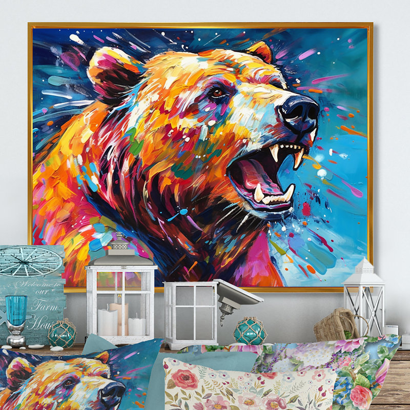 Ours coloré dans la nature - animaux, art mural, salon, H 30 po x l 40 po x P 1,5 po, Cadre flottant doré