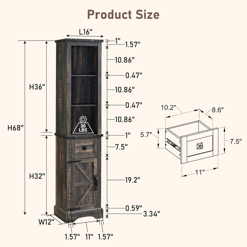 Bathroom Storage Cabinet, Farmhouse Storage Cabinet With Adjustable Shelves & Drawer, Tall Linen Tower For Bathroom, Living Room