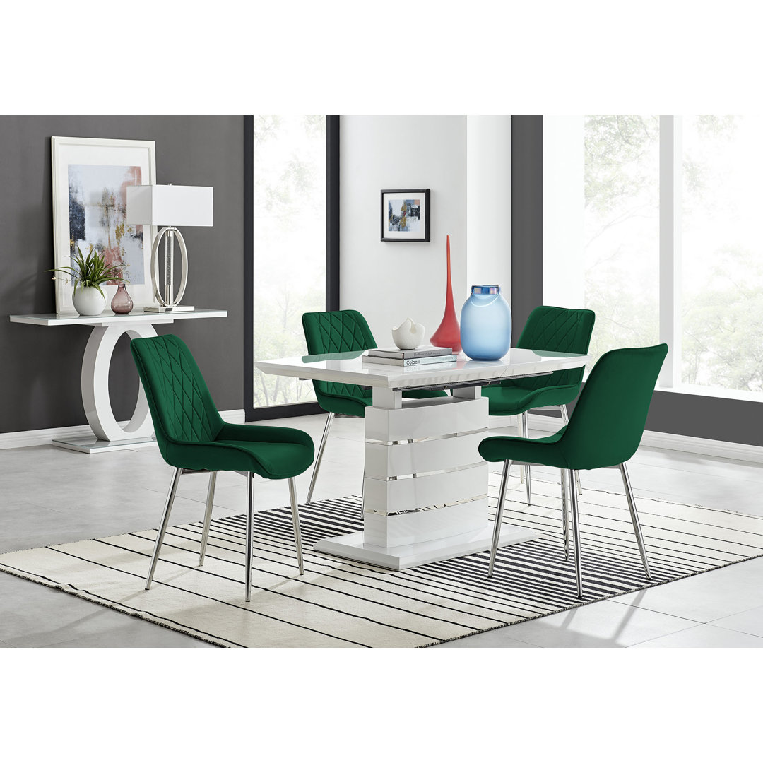 Everson High Gloss 6 Seat Extendable Dining Set with Luxury Velvet Upholstered Dining Chairs East Urban Home Chair 