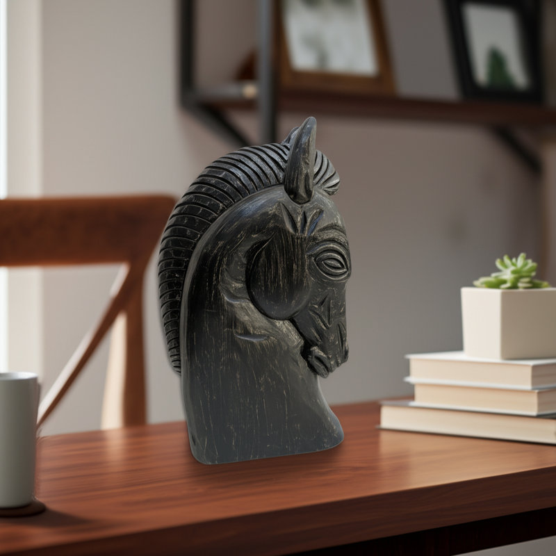 Wood Decorative Objects for Kitchen Decor and Home Decor – Trojan Horse Head Sculpture and Figurine for Decorations for Living Room – Rustic Table Statues and Accent Piece for Shelf, Console, or Mantel Styling – 16", Black