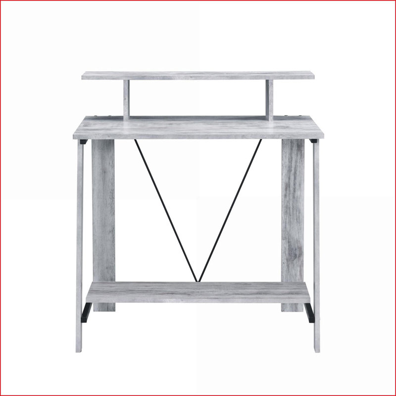 Writing Desk, Contemporary Antique White and Black with Upper &amp; Bottom Shelves | Wood+Metal