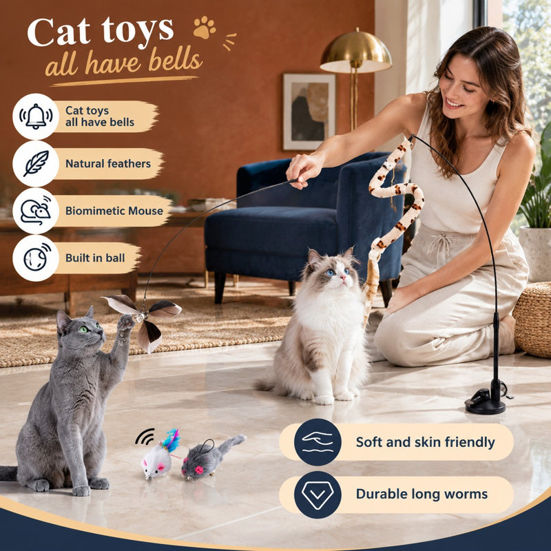 Ce kit de 12 baguettes interactives 4 en 1 pour chatons d'intérieur comprend une ventouse améliorée, un bâtonnet de rechange pour chat et 2 types de jouets à suspendre à la porte.