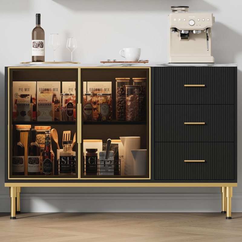 46.4" Modern Fluted Sideboard Buffet with Faux Marble Top and Glass Doors, 3 Drawers & Adjustable Shelves for Dining or Living Room