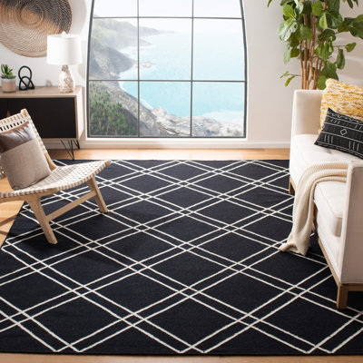 Rodgers Hand Woven Flat Weave Wool/Cotton Geometric Rug in Black/Ivory
