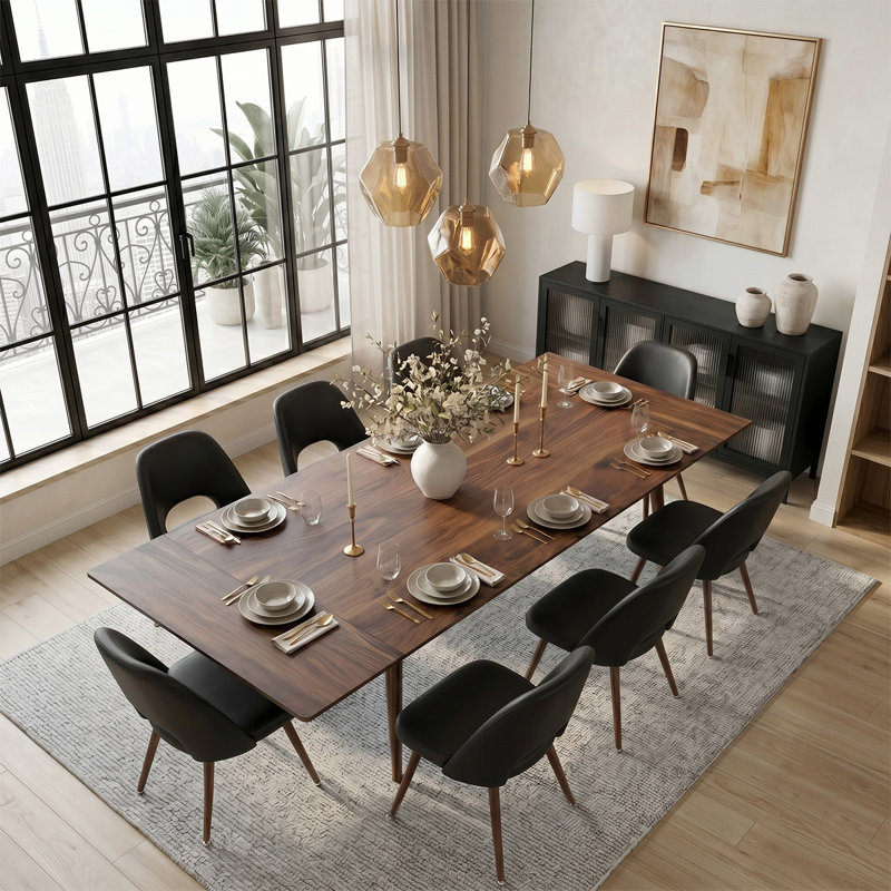 Ensemble de table de salle à manger extensible 9 pièces avec chaises d'appoint en similicuir, Noir