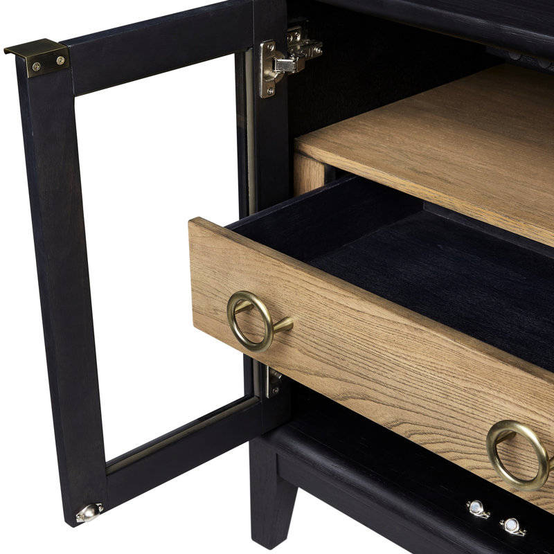 Table de chevet noire avec 1 tiroir de rangement et portes en verre trempé, bois massif et fabrication, poids de 82,86 lb, 28,77 po Largeur du tiroir à portes, en mélange de latte au poivre, profondeur de 18,97 po