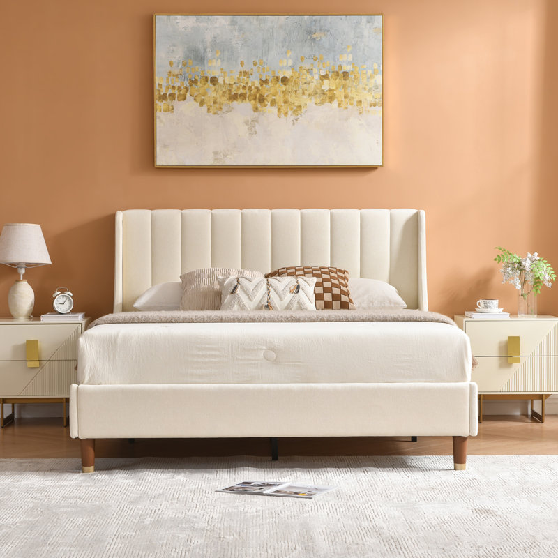 Linvel Upholstered Wingback Platform Bed, Queen, Cream