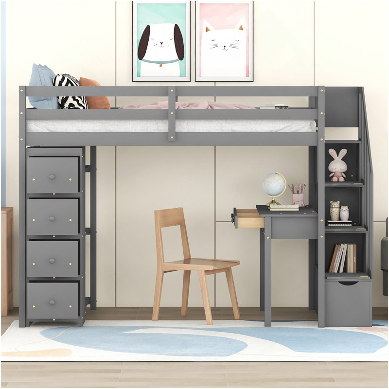 Lit mezzanine simple avec tiroirs de rangement, bureau et escalier, lit mezzanine en bois avec tablettes - gris